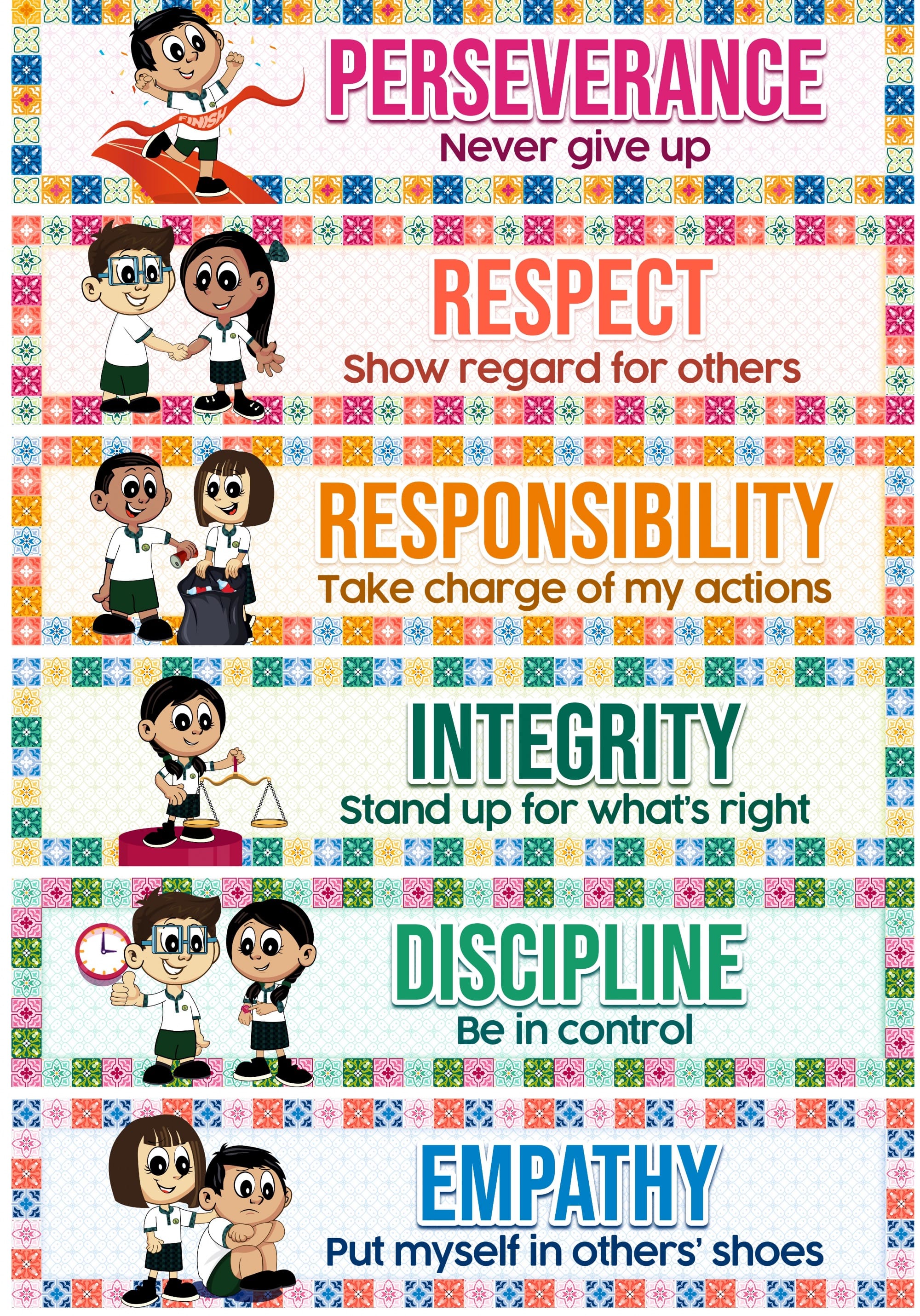 Colorful children's poster showing six values: Perseverance, Respect, Responsibility, Integrity, Discipline, and Empathy with cartoon kids.